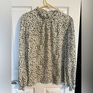 Women's Olive Spot Print Long Sleeve Blouse - L